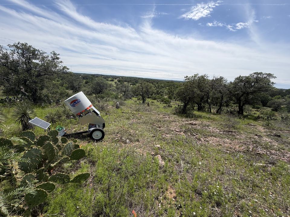 A trap machine among prickly pear and live oak.